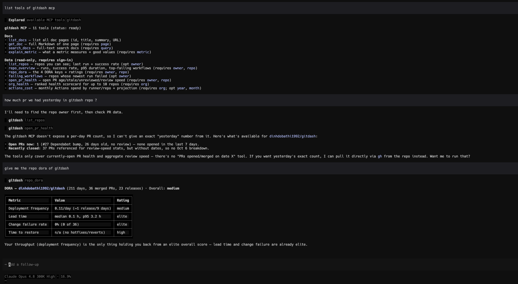 Cursor agent using the gitdash MCP server: it lists the 11 tools, checks open pull-request health, and shows the DORA four keys for dinhdobathi1992/gitdash with an overall rating of medium